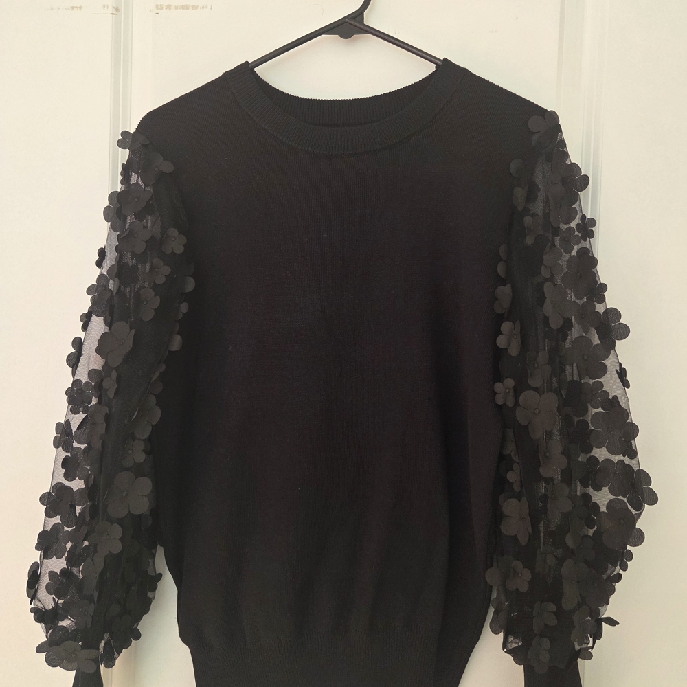 Chicwish Black Sweater with Floral Appliqué Sleeves